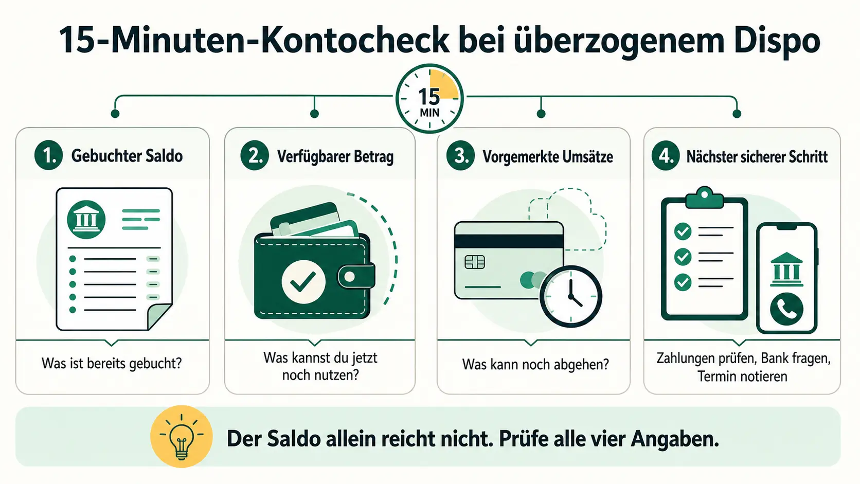 Vier Schritte beim überzogenen Dispo: gebuchten Saldo, verfügbaren Betrag und vorgemerkte Umsätze prüfen, dann Zahlungen und Banktermin klären.