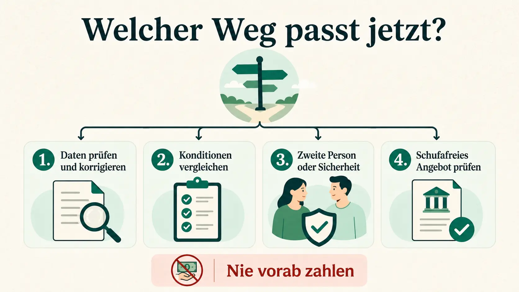 Vier mögliche Schritte nach einer Kreditablehnung: Daten korrigieren, Konditionen vergleichen, zweite Person oder Sicherheit prüfen und schufafreie Angebote kontrollieren.