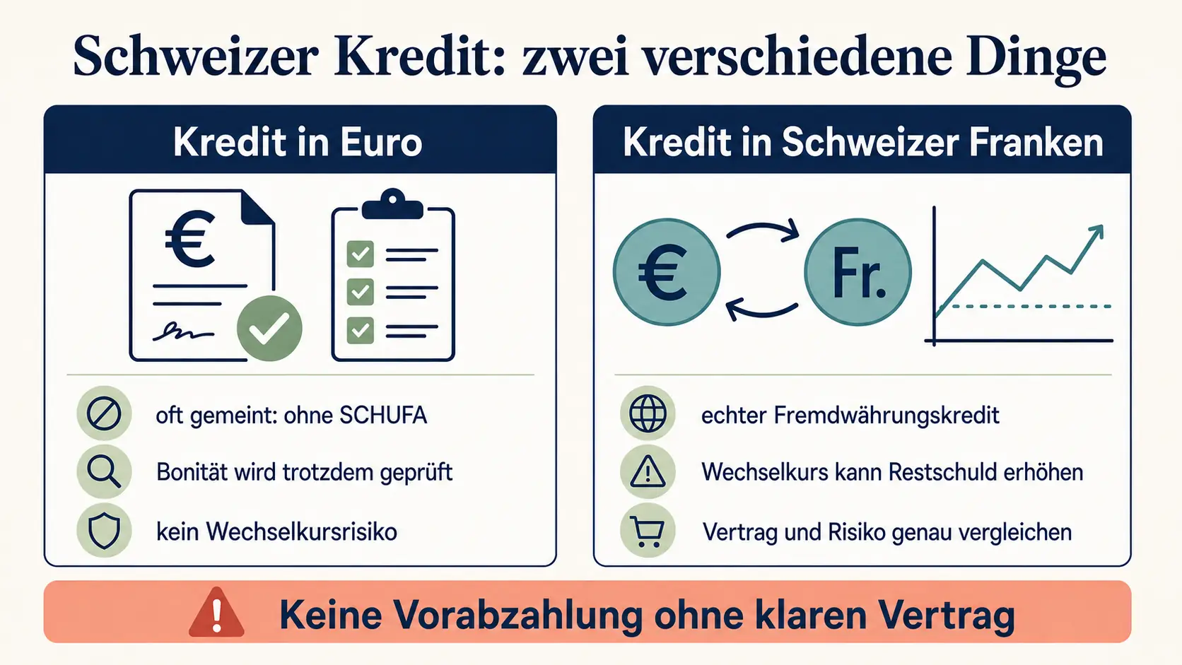 Vergleich der zwei Bedeutungen von Schweizer Kredit: Eurokredit ohne SCHUFA und Fremdwährungskredit in Schweizer Franken mit Wechselkursrisiko.