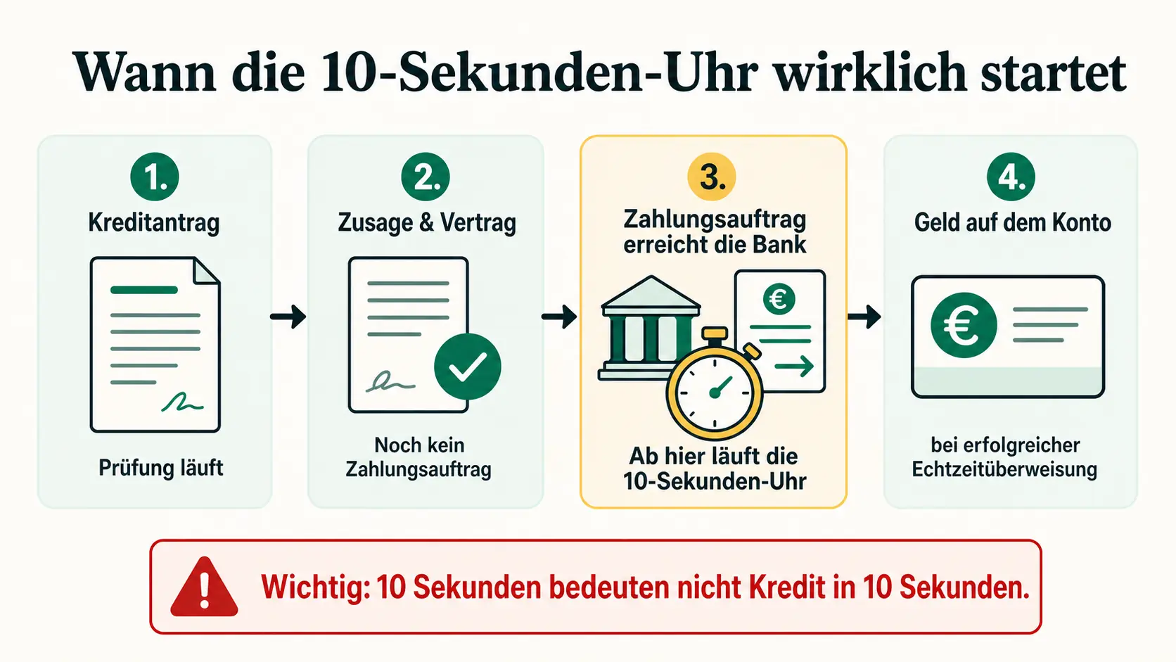 Vier Schritte vom Kreditantrag bis zur Echtzeitüberweisung. Die 10-Sekunden-Uhr startet erst, wenn der Zahlungsauftrag die Bank erreicht.